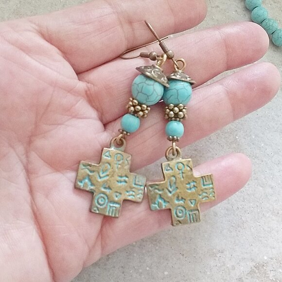 Symbols Numerology Dangle Earrings - Aqua Howlite + Patina Painted Bronze Cross - Picture 1 of 6